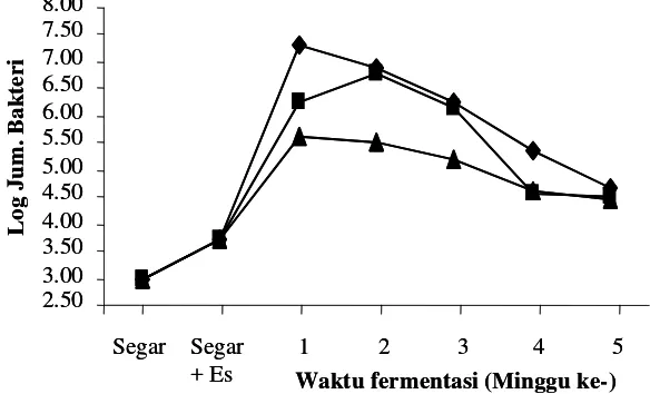 Gambar 3. Log bakteri asam laktat tanpa penambahan P. acidilactici F-11 selama fermentasi(  : garam 20%;  : garam 25%; dan  : garam 30%)