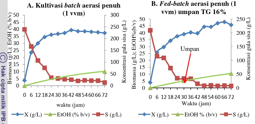 Gambar 16.  Perbandingan biomassa (X), Konsentrasi gula sisa (S) dan etanol   (EtOH) hasil kultivasi pada kedua perlakuan  dengan menggunakan sistem batch dan fed-batch