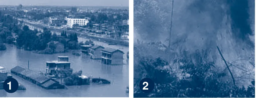 Gambar 2.2  Bencana akibat ulah manusia: 1. banjir; 2. kebakaran hutan.(Sumber: Encarta, 2007, www.deptan.go.id)