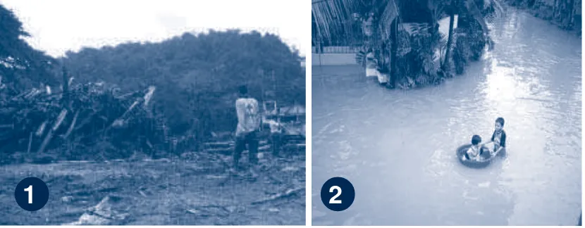 Gambar 2.3  Akibat hutan gundul: 1.tanah longsor; 2. banjir.