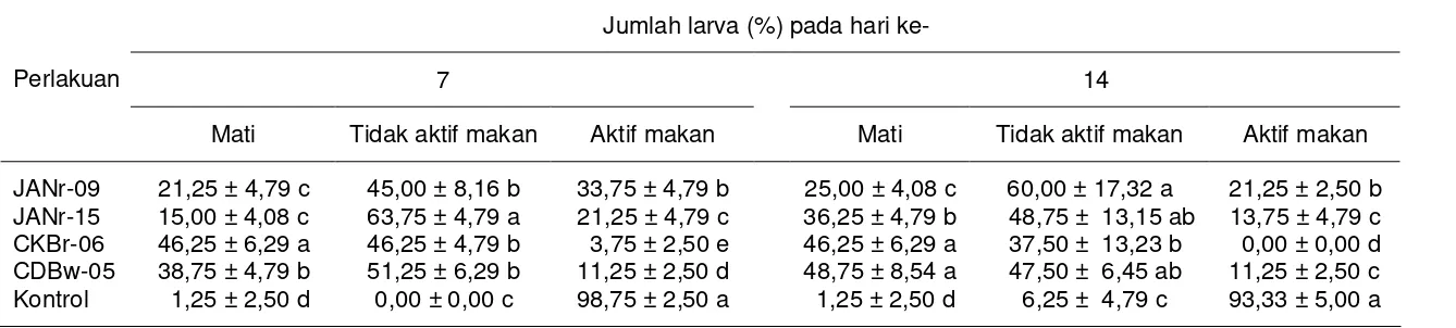 Tabel 3  Aktivitas hidrolisis IBKK pada integumen larva boktor 