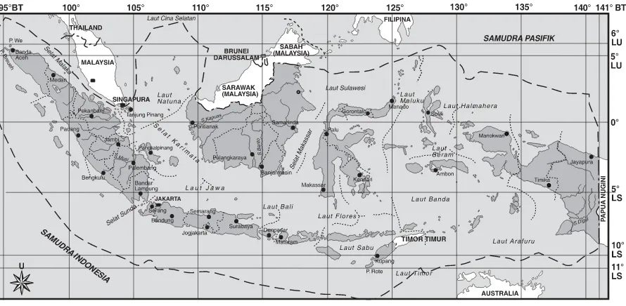 Gambar 4.1 Letak dan bentuk geograﬁ s Indonesia amatlah khas dan unik. Indonesia terdiri atas wilayah lautan, wilayah daratan, dan wilayah udara.