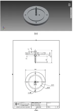 Gambar 3.8. Penutup tabung vacuum chamber (a) desain 3D tampak atas (b) desain 2D tampak depan dan tampak atas 