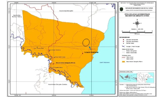 Gambar 3 Wilayah administrasi dan kawasan DAS Kecamatan Sangatta Utara (Sumber : Bappeda Kabupaten Kutai Timur  2009) 