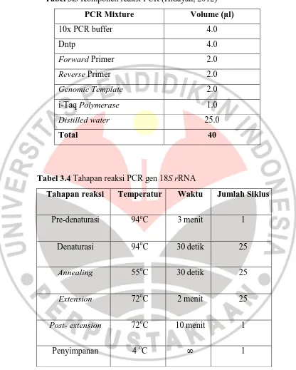 Tabel 3.3 Komponen reaksi PCR (Hidayah, 2012) 