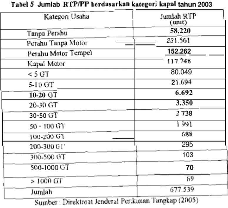 Tabel  5  Jumlab  RTPffP bcrdasarkan kitegc~ri  --  h p a l   tahun  2003  Kategon  Ilsihlha  - ? J m I &amp;   RTP  1 