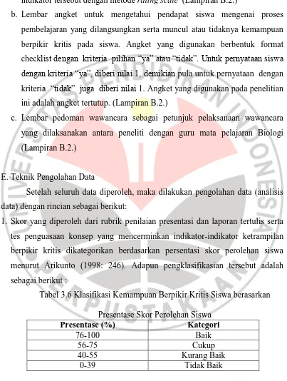 Tabel 3.6 Klasifikasi Kemampuan Berpikir Kritis Siswa berasarkan   