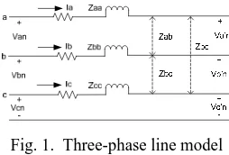 Fig. 1.  Three-phase line model The modeling of three-phase lines starts with determination of self and mutual impedances of a line section 