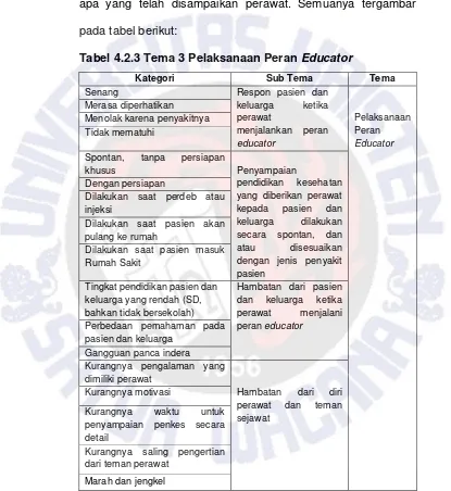 Tabel 4.2.3 Tema 3 Pelaksanaan Peran Educator 