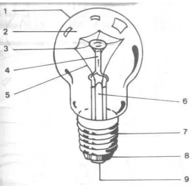 Gambar 2.12: Lampu Pijar; (1) bola kaca; (2) ruang dalam berisi gas;(3) serabut pijar (filamen); (4) penyangga dari kaca; (5) kawat penghantar; (6) batang kaca; (7) kaki dari kuningan; (8) isolasi; (9) kontak 