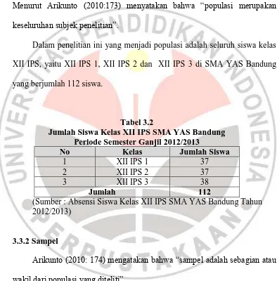 Tabel 3.2 Jumlah Siswa Kelas XII IPS SMA YAS Bandung 