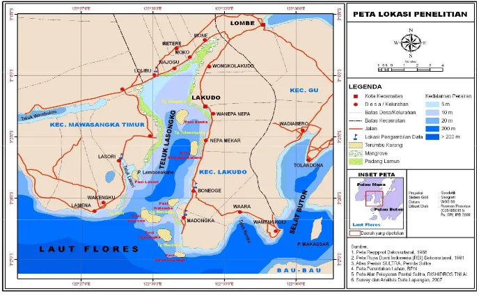 Gambar 3.  Peta lokasi penelitian di Teluk Lasongko 