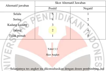 Tabel 3.3 Skor Angket 