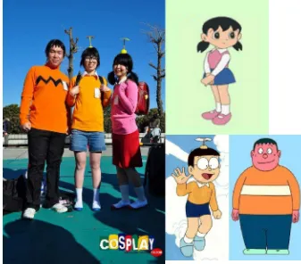 Gambar 2.1 Cosplay karakter Takeshi Goda (Giant), Nobi Nobita, dan Shizuka Minamoto dari anime dan manga Doraemon karya Fujiko F Fujio  