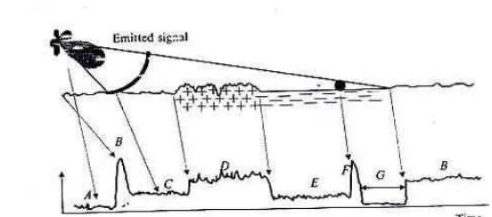 Gambar 3. (A)  Noise dan reverberasi dalam kolom air, (B) Echo pertama dari dasar perairan, (C) Area pasir, (D) Batuan, (E) Lumpur (F) pantulan dari target dan (G) Bayangan dari target (Lurton, 2002) 