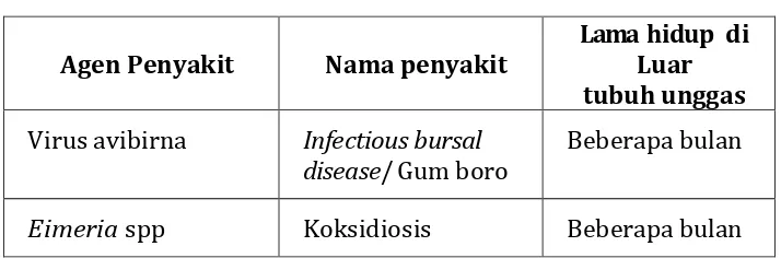 Tabel 1:  Lama hidup agen penyebab penyakit di luar tubuh unggas 