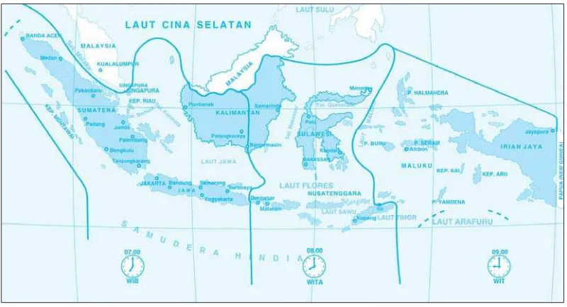 Gambar 3.11  Peta pembagian daerah waktu di Indonesia.Sumber: Atlas Dunia Buana Raya