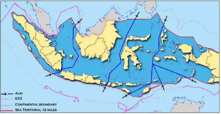 Gambar 4. Peta Alur Laut Kepulauan Indonesia (ALKI) Berdasarkan PP No. 37 Tahun 2002. 