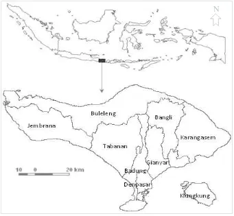 Figure 1. Map of the study area. Bali province consists of nine regencies