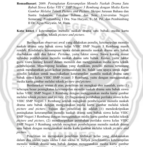 Gambar Melalui Teknik Picture and Picture. Skripsi Jurusan Bahasa dan Sastra Indonesia, Fakultas Bahasa dan Seni, Universitas Negeri Semarang