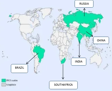 Gambar 3.2 :Peta BRICS (setelah Afrika Selatan bergabung dalam BRICS) 