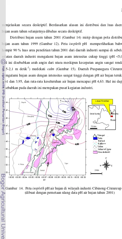 Gambar  14.  Peta isopleth pH air hujan di wilayah industri Cibinong-Citeureup                          (dibuat dengan pemetaan ulang data pH air hujan tahun 2001)  