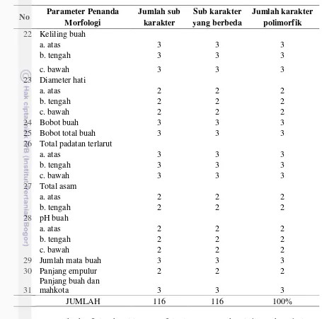 Tabel 3. (lanjutan) Rekapitulasi karakter polimorfik penanda morfologi nenas 