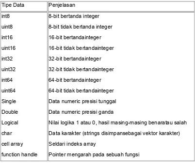 Tabel berikut menunjukkan tipe-tipe data dalam MATLAB : 