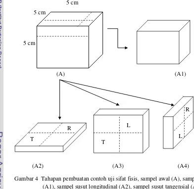 Gambar 4  Tahapan pembuatan contoh uji sifat fisis, sampel awal (A), sample sisa (A1), sampel susut longitudinal (A2), sampel susut tangensial (A3), sampel susut radial (A4)