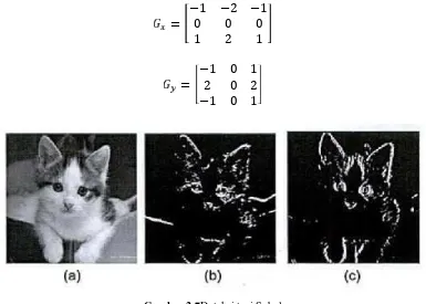 Gambar 2.7Deteksi tepi Sobel(a) Citra asli, (b) Operator Sobel horizontal T=0.05, (c) Operator Sobel vertikal T=0.05(Sumber: Darma Putra, 2010)