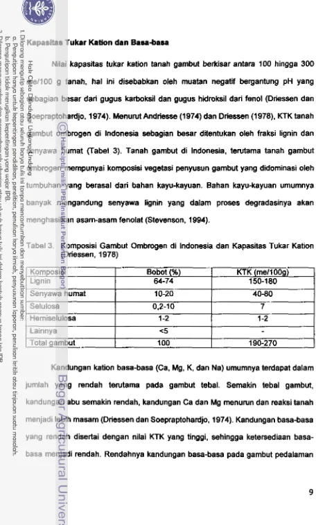Tabel 3. Komposisi Gambut Ombrogen di Indonesia dan Kapasitas Tukar Kation (Driessen, 