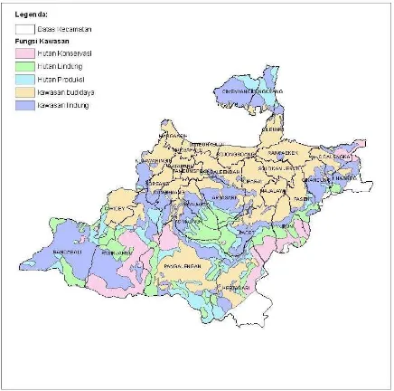 Gambar 1. Peta batas kecamatan dan kawasan fungsi hutan di DAS Citarum Hulu 