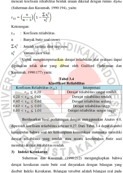 Tabel 3.4 Klasifikasi Reliabilitas 