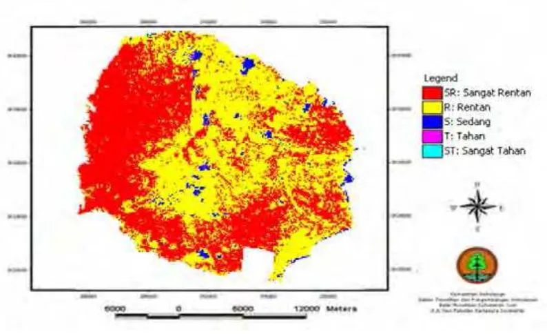 Gambar 24. Peta analisis kelas kerentanan vegetasi terhadap perubahan iklim di TN. Baluran dengan citra landsat 1999 