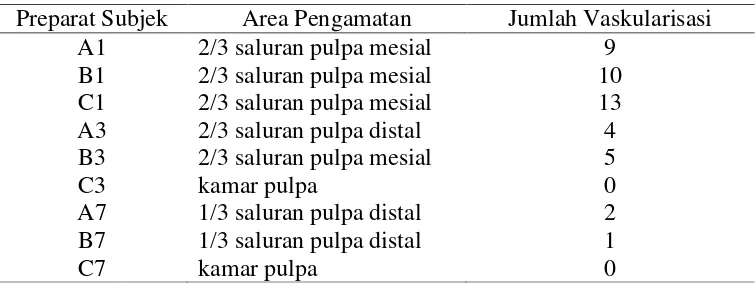 Tabel 4. Tabel Daerah Pengamatan Jumlah Vaskularisasi Pulpa Yang  Diberi Jejas Mekanis hari 1, 3 dan 7 
