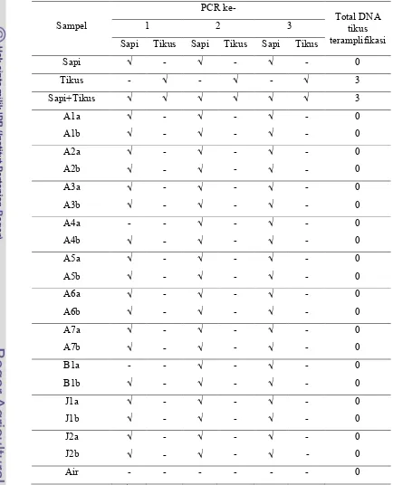 Tabel 7.  Hasil Amplifikasi DNA Bakso Pasar