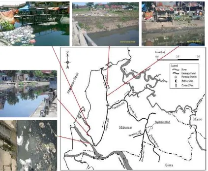 Gambar 4 Polusi dan sampah padat di saluran- saluran utama di Kota Makassar (diadaptasi dari Barkey dkk