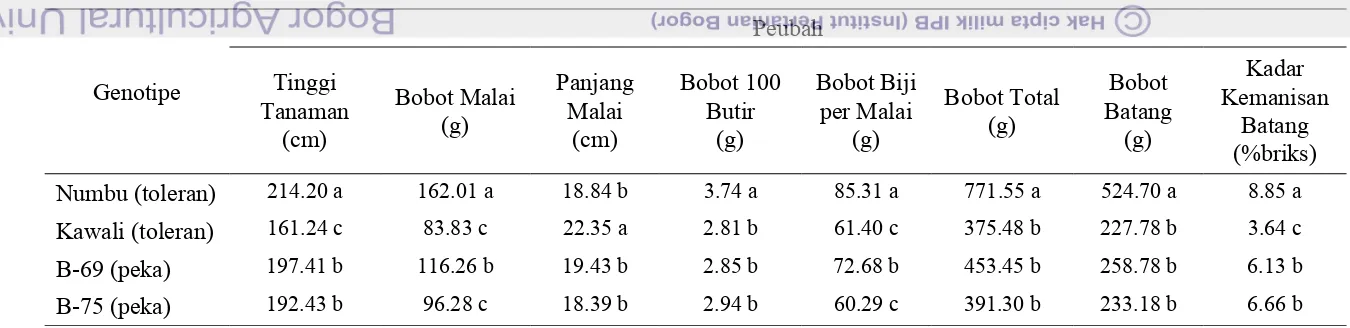 Tabel 21. Rata-rata Pertumbuhan dan Produksi Genotipe Sorgum [Sorghum bicolor (L.) Moench] pada Taraf Kejenuhan Al-Rendah 