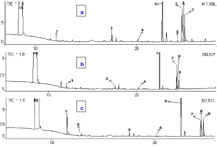 Figure 2. Total ion chromatogram of a blood plasma sample after inhalation of nutmeg oil
