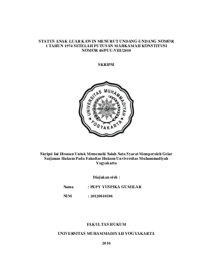 STATUS ANAK LUAR KAWIN MENURUT UNDANG-UNDANG NOMOR 1 TAHUN 1974 SETELAH ...