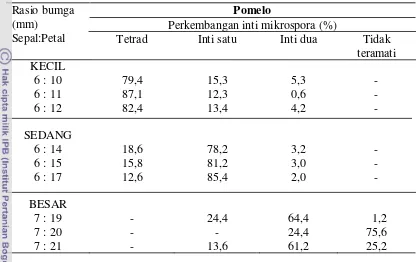 Tabel 2. Persentase perkembangan inti mikrospora jeruk Pamelo pada fase tetrad, inti satu, inti dua, dan tidak teramati 