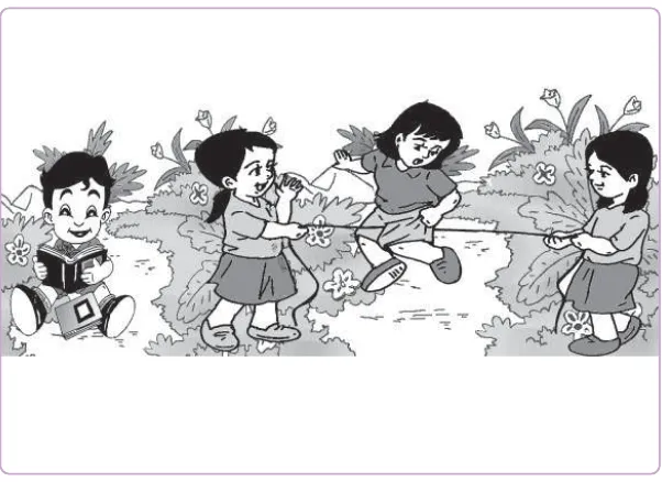 Gambar 1.1 Seorang anak membaca buku cerita dan yang lainnyabermain lompat tali untuk mendapatkan hiburan