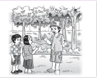 Gambar 3.1 Dua orang anak sedang mendengarkan penjelasan tentangtanaman buah dari petani
