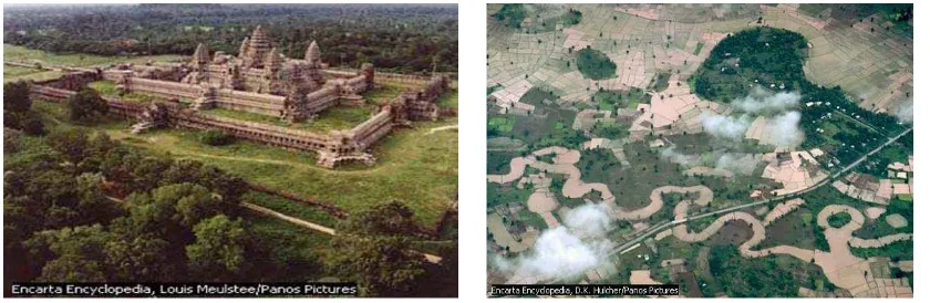 Gambar No.08. Angkor Wat, bukti sejarah kejayaan kekaisaran Khmer di Kamboja (kiri). Sungai Chao Praya membentuk lembah subur, menjadi lumbung padi Thailand (kanan)