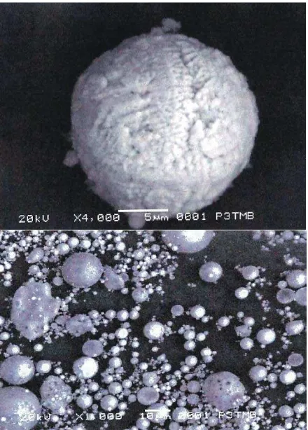 Gambar 1. Struktur Mikro Abu Terbang. (atas) Scanning  Electron Microscopy perbesaran 4000x, (bawah) Scanning Electron Microscopy perbesaran 1000x