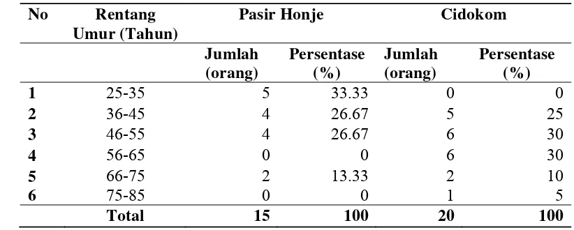 Tabel 6. Rentang Umur Petani Responden di Pasir Honje dan Cidokom Tahun 2010 