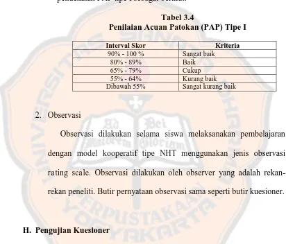 Tabel 3.4 Penilaian Acuan Patokan (PAP) Tipe I 