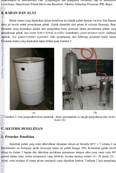 Gambar 2. Unit pengolahan beras pratanak : drum perendaman (a) tangki pengukusan dan steam 