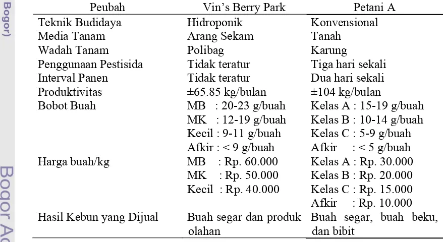 Tabel 10. Perbandingan Budidaya Stroberi di Vin’s Berry Park dengan di Kebun Petani A  