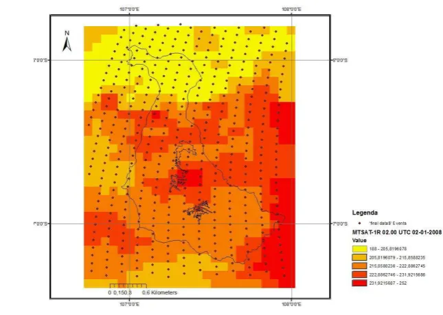 Gambar 11 Plot data spasial antara Suhu Kecerahan MTSAT IR1 02.00 UTC dan laju hujan TRMM 2A12 pada 02.19 UTC 2 Januari 2008 setelah dilakukan proses cropping pada wilayah kajian 